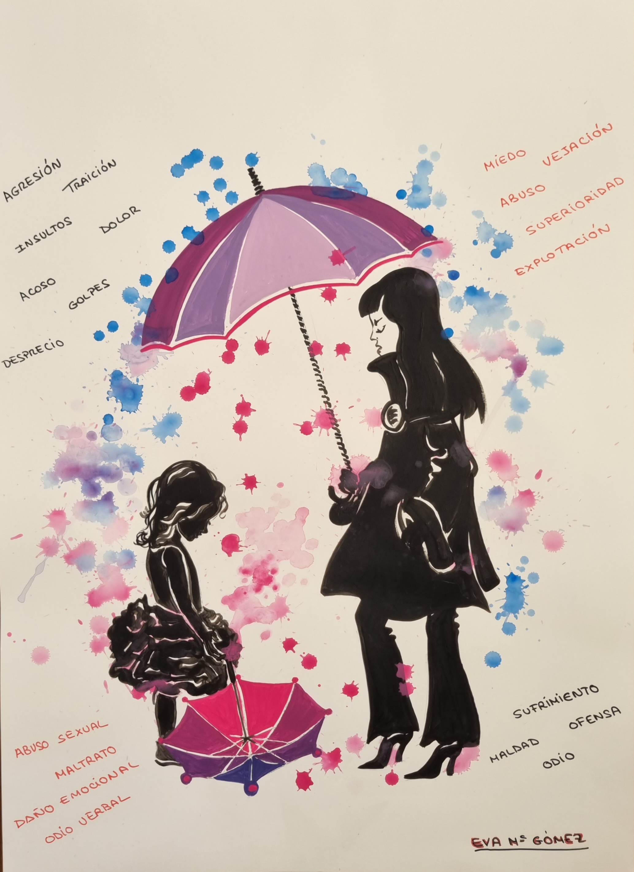 Dibujo de una mujer cubriendo con un paraguas a una niña contra los males del mundo representados por palabras como si fueran gotas de lluvia 