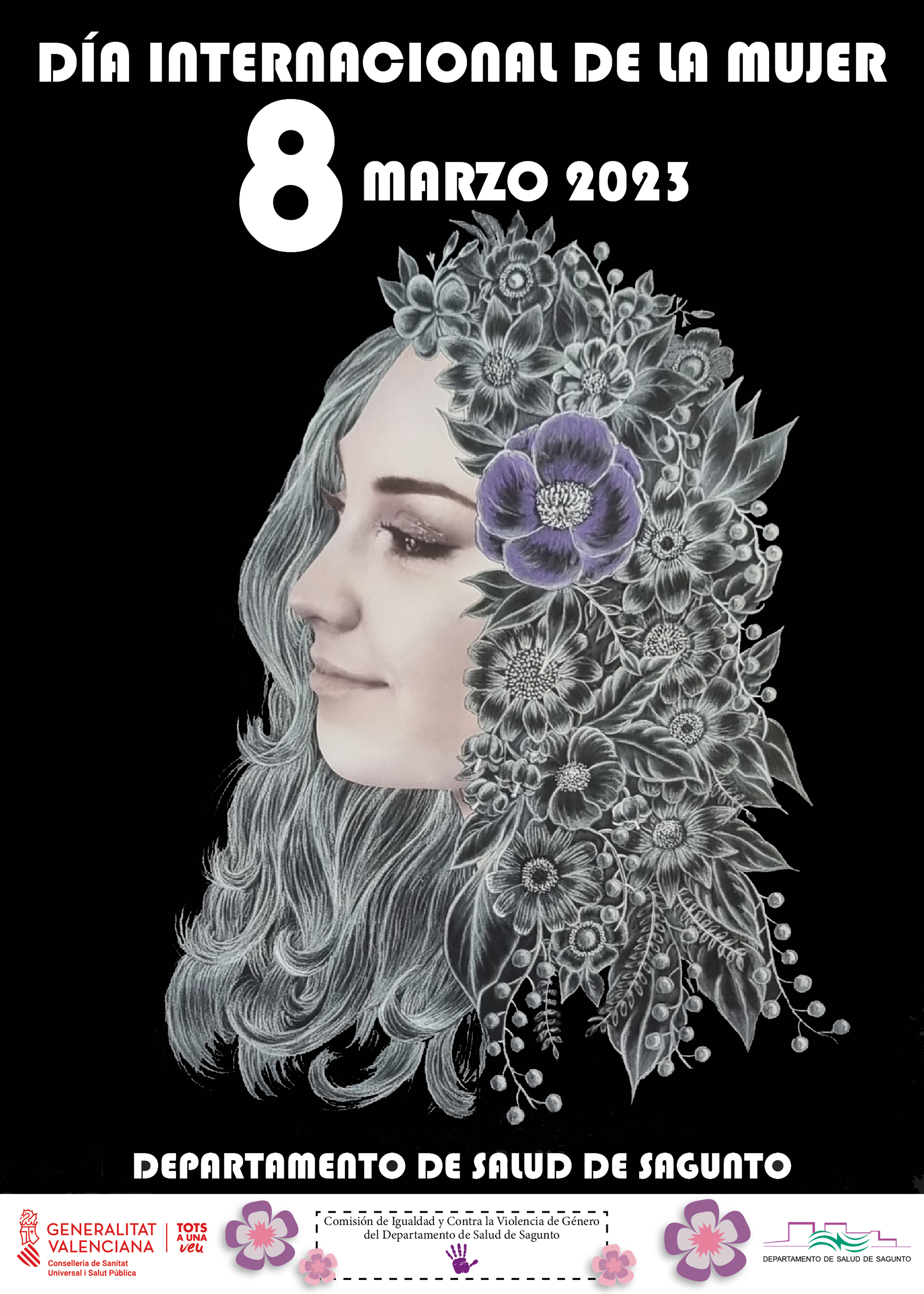 Cartell del 8 de març 2023, mostra rostre dona somrient amb cabell de flors