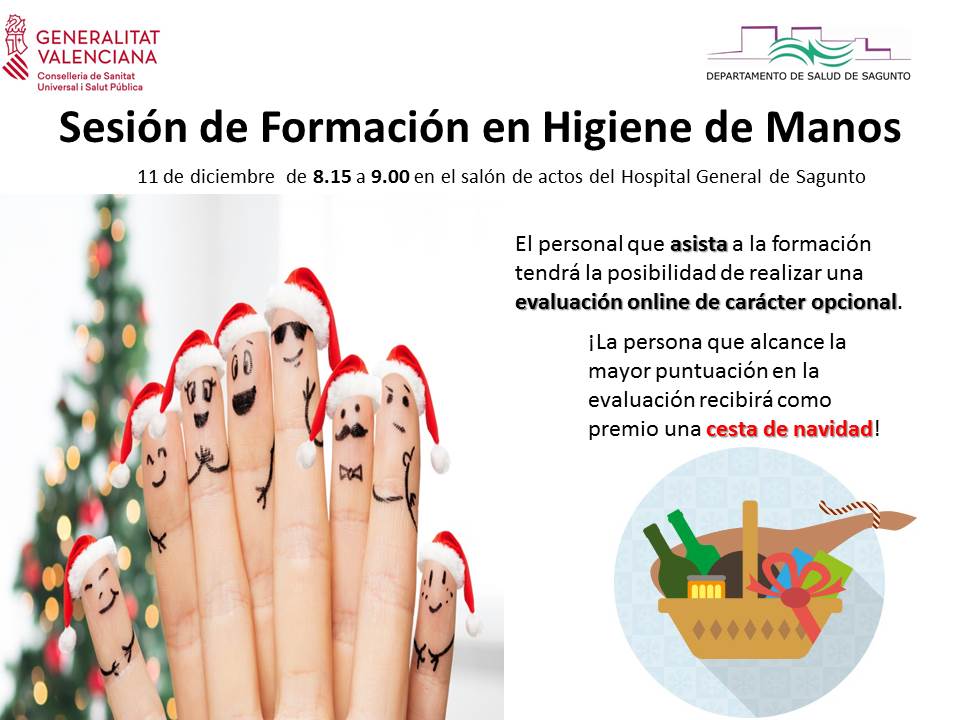 Una mano pintada con caras y gorritos navideños y el mensaje de higiene de manos