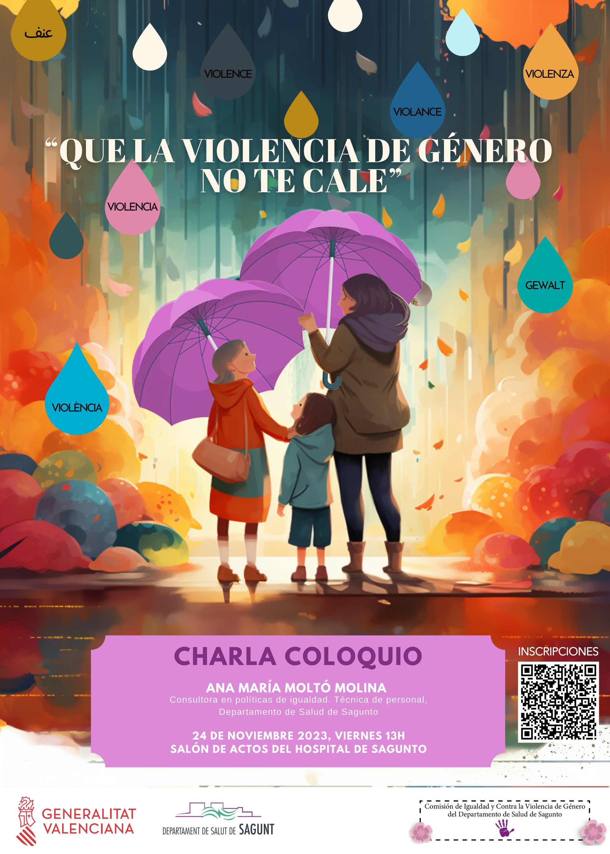 Cartell del 25 de Novembre on una dona i una xiqueta caminen sota els seus paraigües protegint-se de les gotes amb missatges de violència 