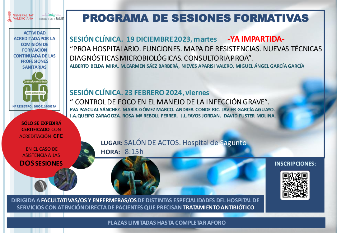 Programa Sesiones Formativas del grupo PROA del 19 de diciembre del 2023 y 23 de febrero del 2024 relativas a facultativos/as y enfermeros/as con atención directa de pacientes que precisan tratamiento antibiótico.