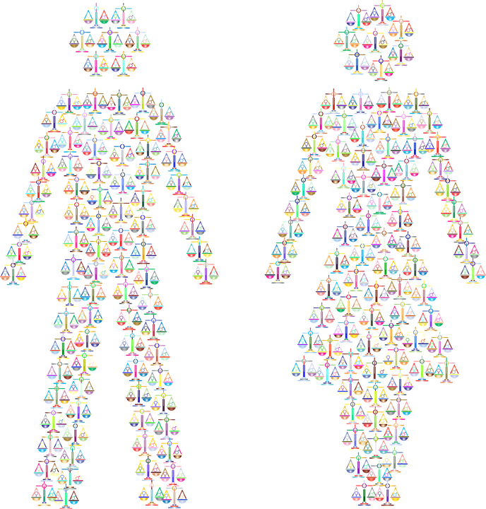  Pequeñas básculas de colores formando la silueta de un hombre y una mujer
